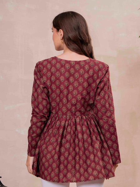 Maroon Pure Cotton Printed V-Neck Full Sleeves Hip Length Flared Top Mizazjaipur