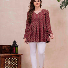 Maroon Pure Cotton Printed V-Neck Full Sleeves Hip Length Flared Top Mizazjaipur