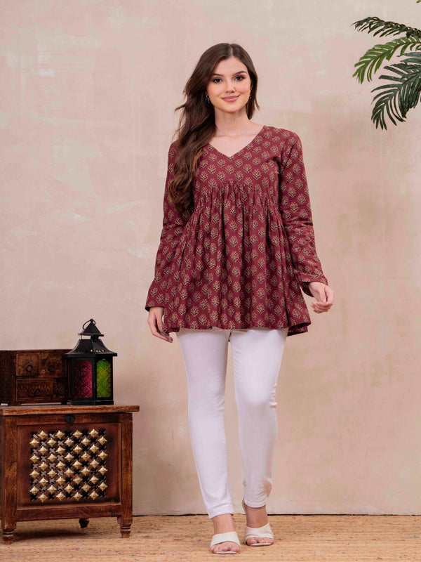 Maroon Pure Cotton Printed V-Neck Full Sleeves Hip Length Flared Top Mizazjaipur