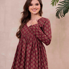 Maroon Pure Cotton Printed V-Neck Full Sleeves Hip Length Flared Top Mizazjaipur