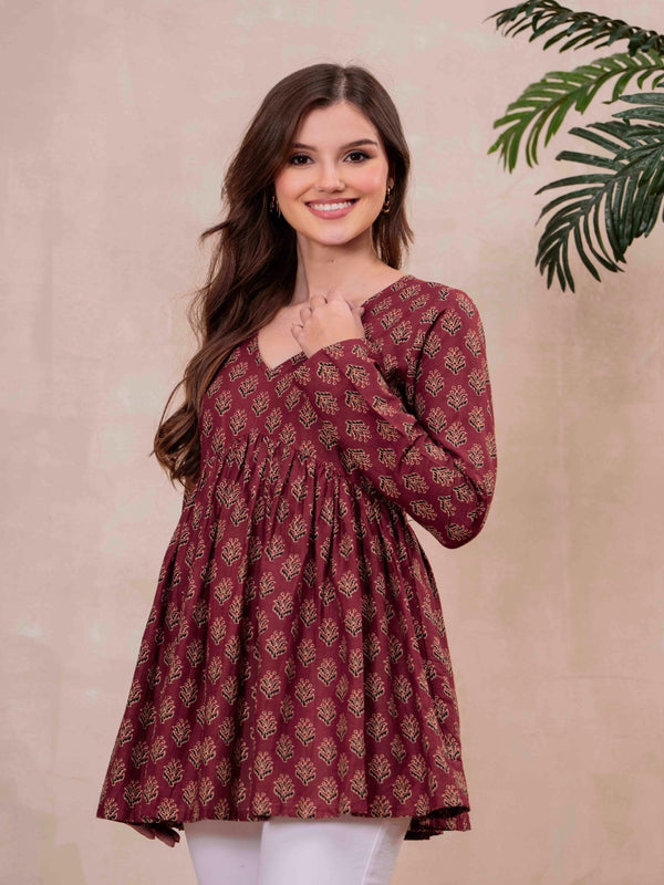 Maroon Pure Cotton Printed V-Neck Full Sleeves Hip Length Flared Top Mizazjaipur