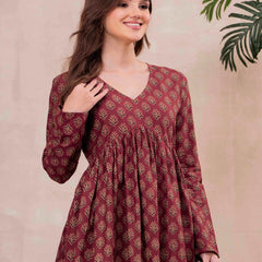 Maroon Pure Cotton Printed V-Neck Full Sleeves Hip Length Flared Top Mizazjaipur