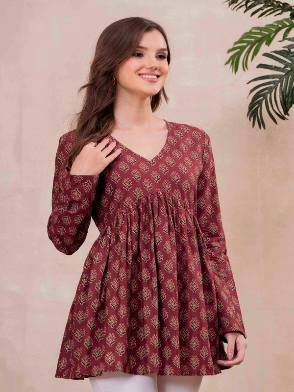 Maroon Pure Cotton Printed V-Neck Full Sleeves Hip Length Flared Top Mizazjaipur