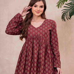 Maroon Pure Cotton Printed V-Neck Full Sleeves Hip Length Flared Top Mizazjaipur