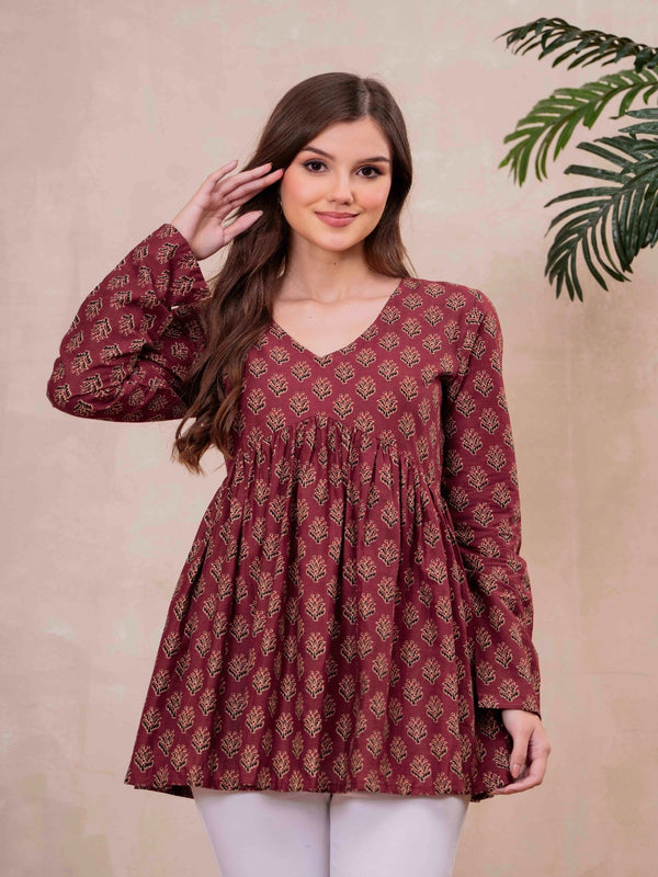 Maroon Pure Cotton Printed V-Neck Full Sleeves Hip Length Flared Top Mizazjaipur