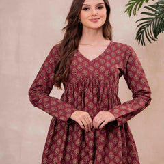 Maroon Pure Cotton Printed V-Neck Full Sleeves Hip Length Flared Top Mizazjaipur