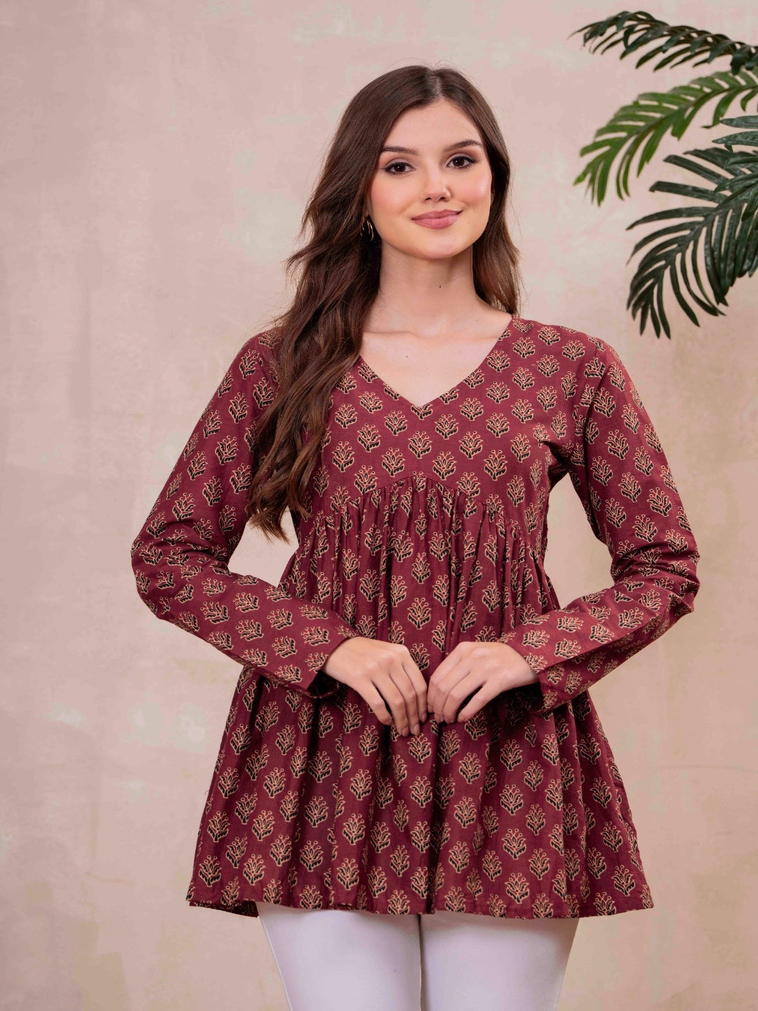 Maroon Pure Cotton Printed V-Neck Full Sleeves Hip Length Flared Top Mizazjaipur