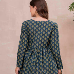 Teal Blue Pure Cotton Printed V-Neck Full Sleeves Hip Length Flared Top Mizazjaipur