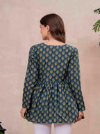 Teal Blue Pure Cotton Printed V-Neck Full Sleeves Hip Length Flared Top Mizazjaipur