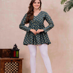 Teal Blue Pure Cotton Printed V-Neck Full Sleeves Hip Length Flared Top Mizazjaipur