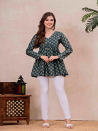 Teal Blue Pure Cotton Printed V-Neck Full Sleeves Hip Length Flared Top Mizazjaipur