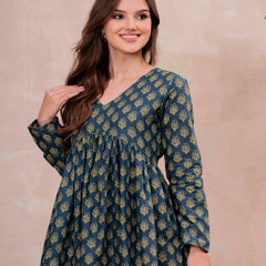 Teal Blue Pure Cotton Printed V-Neck Full Sleeves Hip Length Flared Top Mizazjaipur