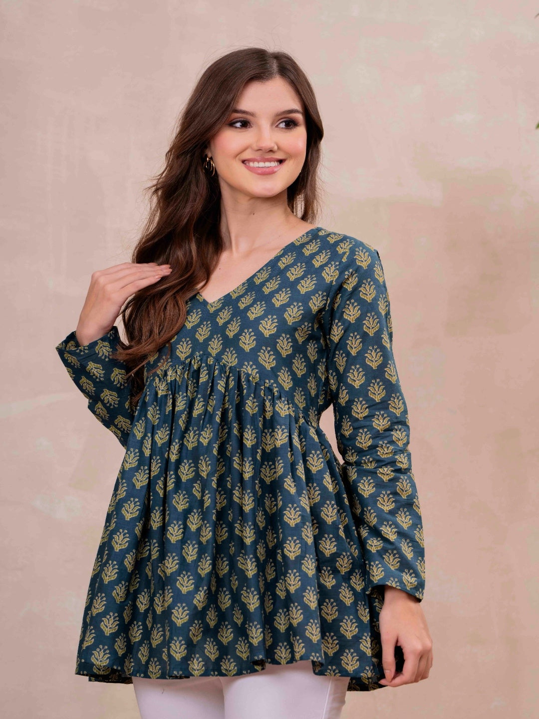 Teal Blue Pure Cotton Printed V-Neck Full Sleeves Hip Length Flared Top Mizazjaipur