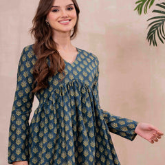 Teal Blue Pure Cotton Printed V-Neck Full Sleeves Hip Length Flared Top Mizazjaipur