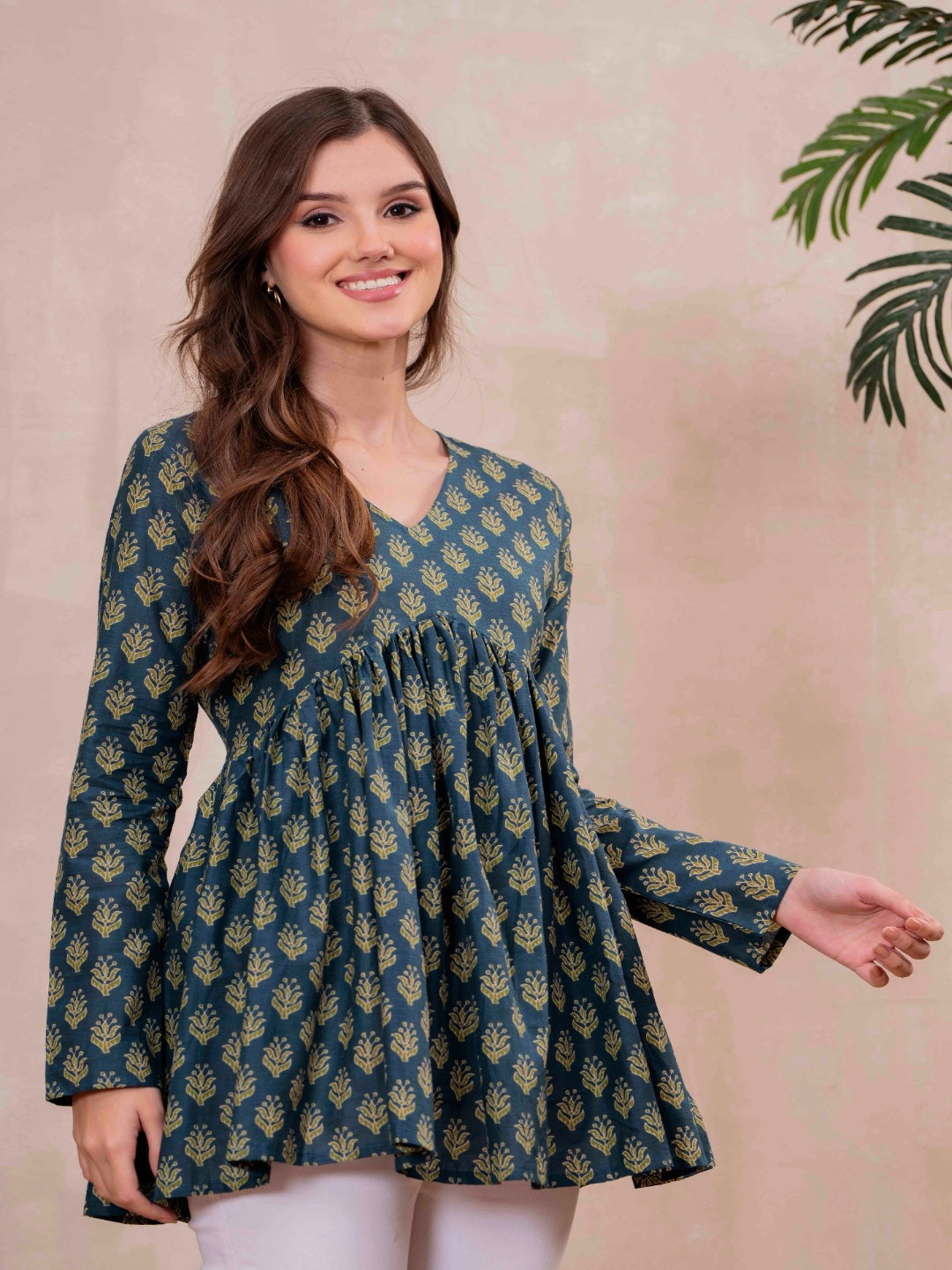 Teal Blue Pure Cotton Printed V-Neck Full Sleeves Hip Length Flared Top Mizazjaipur