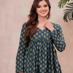 Teal Blue Pure Cotton Printed V-Neck Full Sleeves Hip Length Flared Top Mizazjaipur