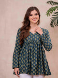 Teal Blue Pure Cotton Printed V-Neck Full Sleeves Hip Length Flared Top Mizazjaipur