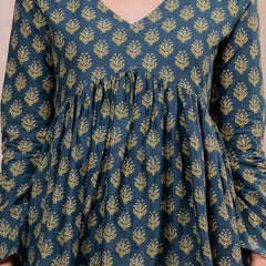Teal Blue Pure Cotton Printed V-Neck Full Sleeves Hip Length Flared Top Mizazjaipur
