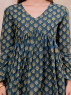 Teal Blue Pure Cotton Printed V-Neck Full Sleeves Hip Length Flared Top Mizazjaipur