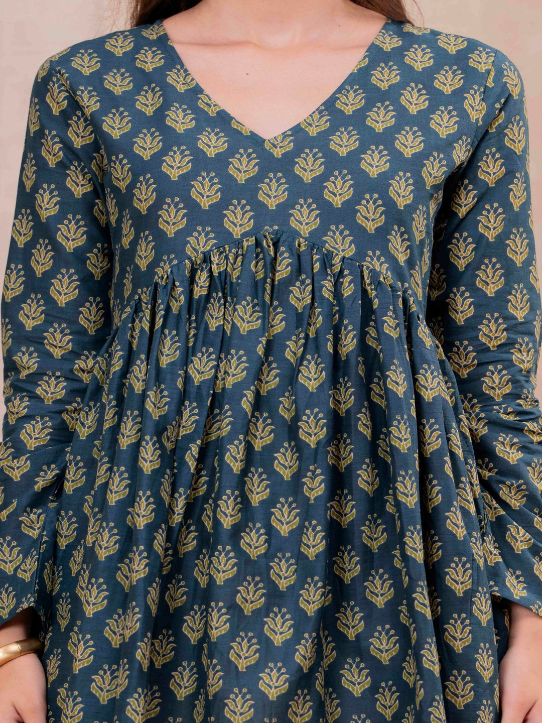 Teal Blue Pure Cotton Printed V-Neck Full Sleeves Hip Length Flared Top Mizazjaipur