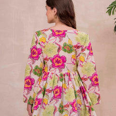White Pure Cotton Printed V-Neck Full Sleeves Hip Length Flared Top Mizazjaipur