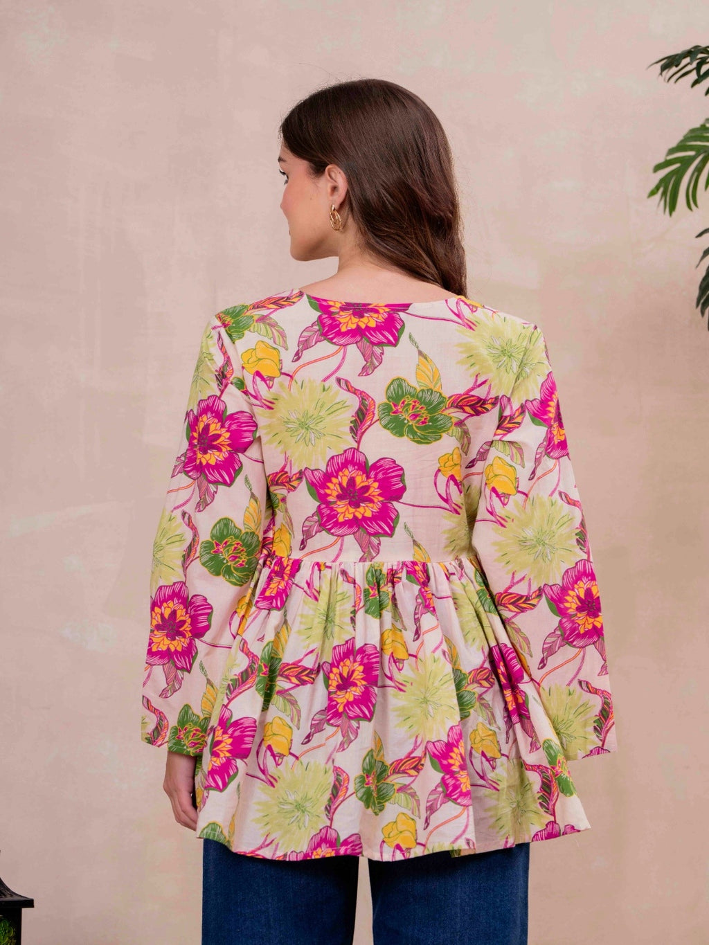 White Pure Cotton Printed V-Neck Full Sleeves Hip Length Flared Top Mizazjaipur