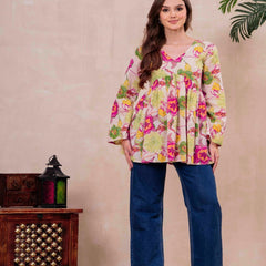 White Pure Cotton Printed V-Neck Full Sleeves Hip Length Flared Top Mizazjaipur