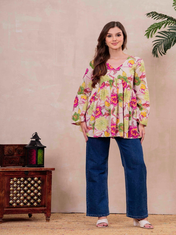 White Pure Cotton Printed V-Neck Full Sleeves Hip Length Flared Top Mizazjaipur