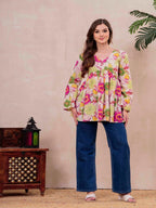 White Pure Cotton Printed V-Neck Full Sleeves Hip Length Flared Top Mizazjaipur