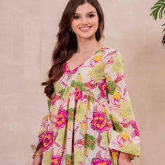 White Pure Cotton Printed V-Neck Full Sleeves Hip Length Flared Top Mizazjaipur