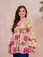 White Pure Cotton Printed V-Neck Full Sleeves Hip Length Flared Top Mizazjaipur