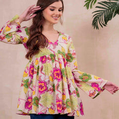 White Pure Cotton Printed V-Neck Full Sleeves Hip Length Flared Top Mizazjaipur