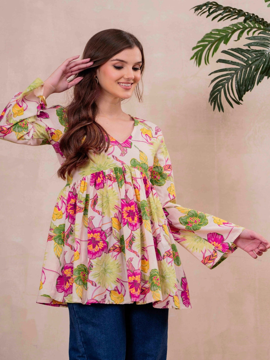 White Pure Cotton Printed V-Neck Full Sleeves Hip Length Flared Top Mizazjaipur