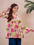 White Pure Cotton Printed V-Neck Full Sleeves Hip Length Flared Top Mizazjaipur