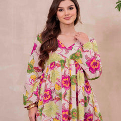 White Pure Cotton Printed V-Neck Full Sleeves Hip Length Flared Top Mizazjaipur