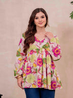 White Pure Cotton Printed V-Neck Full Sleeves Hip Length Flared Top Mizazjaipur