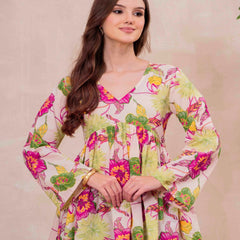 White Pure Cotton Printed V-Neck Full Sleeves Hip Length Flared Top Mizazjaipur