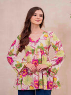 White Pure Cotton Printed V-Neck Full Sleeves Hip Length Flared Top Mizazjaipur