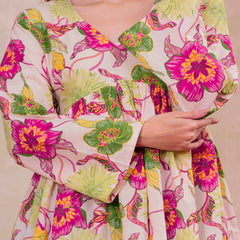 White Pure Cotton Printed V-Neck Full Sleeves Hip Length Flared Top Mizazjaipur