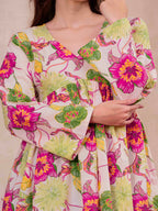 White Pure Cotton Printed V-Neck Full Sleeves Hip Length Flared Top Mizazjaipur