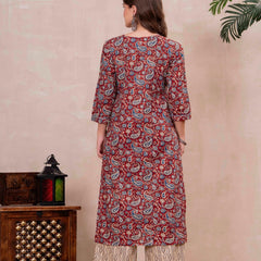 Maroon Pure Cotton Printed Round Neck 3/4 Sleeves Calf Length Straight Kurta Palazzo And Dupatta Set Mizazjaipur