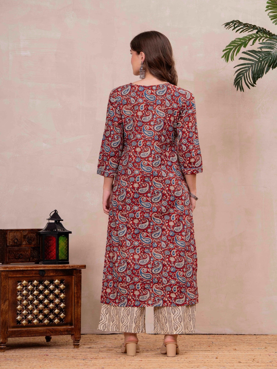 Maroon Pure Cotton Printed Round Neck 3/4 Sleeves Calf Length Straight Kurta Palazzo And Dupatta Set Mizazjaipur