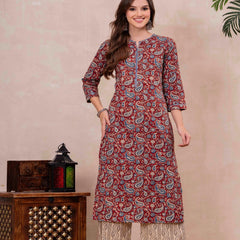 Maroon Pure Cotton Printed Round Neck 3/4 Sleeves Calf Length Straight Kurta Palazzo And Dupatta Set Mizazjaipur