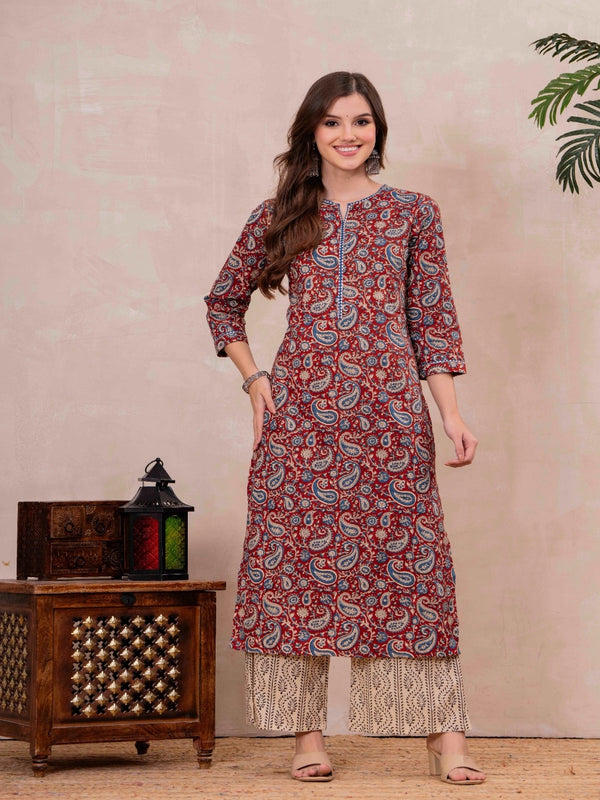 Maroon Pure Cotton Printed Round Neck 3/4 Sleeves Calf Length Straight Kurta Palazzo And Dupatta Set Mizazjaipur