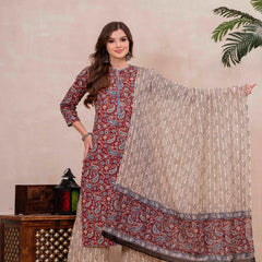 Maroon Pure Cotton Printed Round Neck 3/4 Sleeves Calf Length Straight Kurta Palazzo And Dupatta Set Mizazjaipur