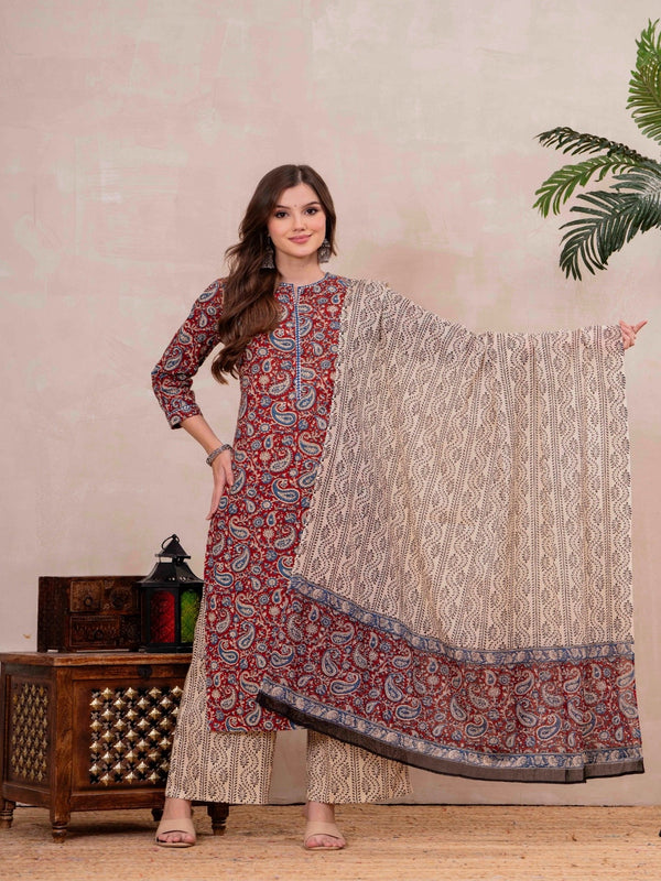 Maroon Pure Cotton Printed Round Neck 3/4 Sleeves Calf Length Straight Kurta Palazzo And Dupatta Set Mizazjaipur