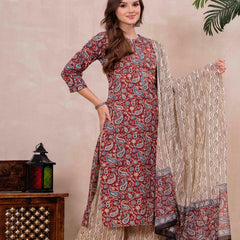 Maroon Pure Cotton Printed Round Neck 3/4 Sleeves Calf Length Straight Kurta Palazzo And Dupatta Set Mizazjaipur