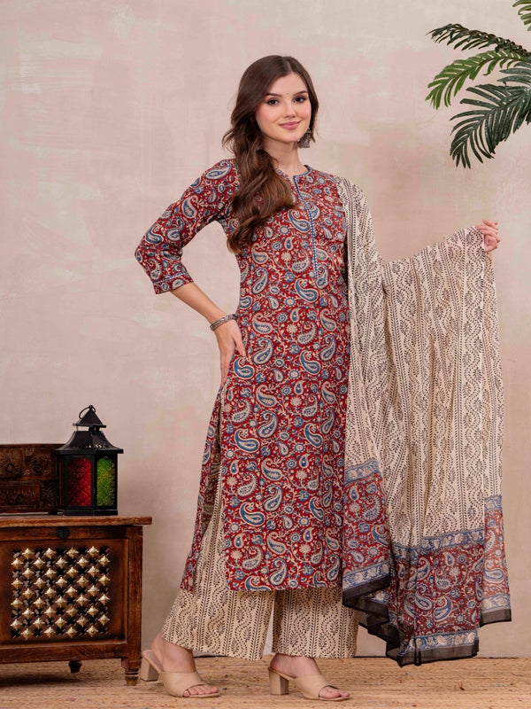Maroon Pure Cotton Printed Round Neck 3/4 Sleeves Calf Length Straight Kurta Palazzo And Dupatta Set Mizazjaipur