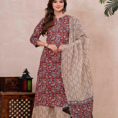 Maroon Pure Cotton Printed Round Neck 3/4 Sleeves Calf Length Straight Kurta Palazzo And Dupatta Set Mizazjaipur