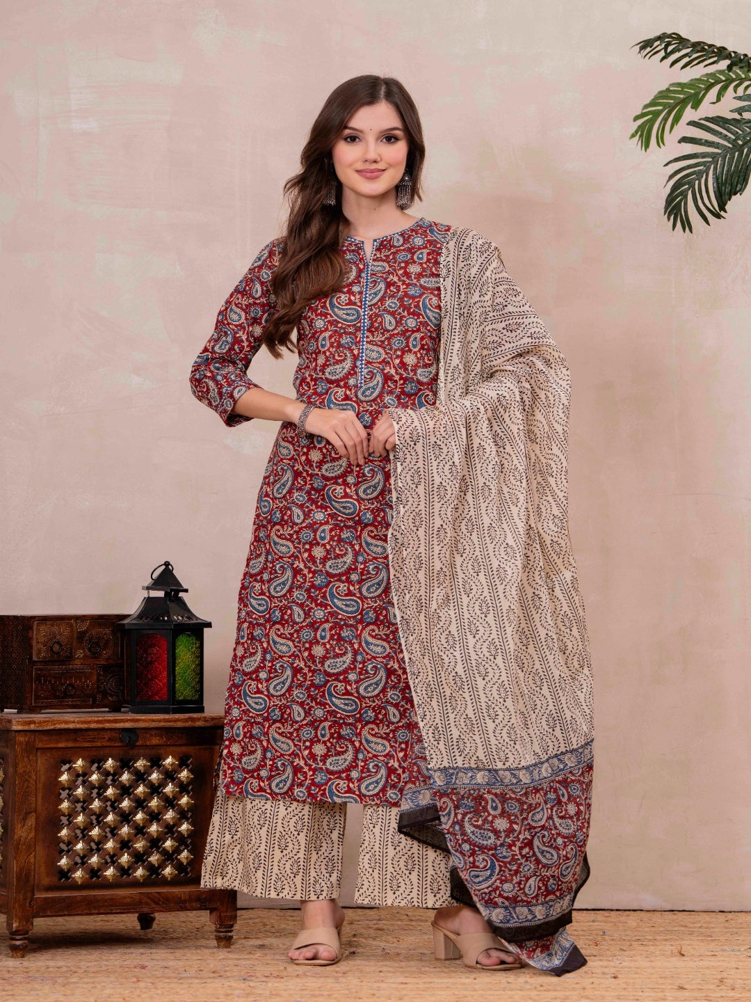 Maroon Pure Cotton Printed Round Neck 3/4 Sleeves Calf Length Straight Kurta Palazzo And Dupatta Set Mizazjaipur